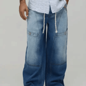 Baggy Rigid Floral Rope Belt Jeans